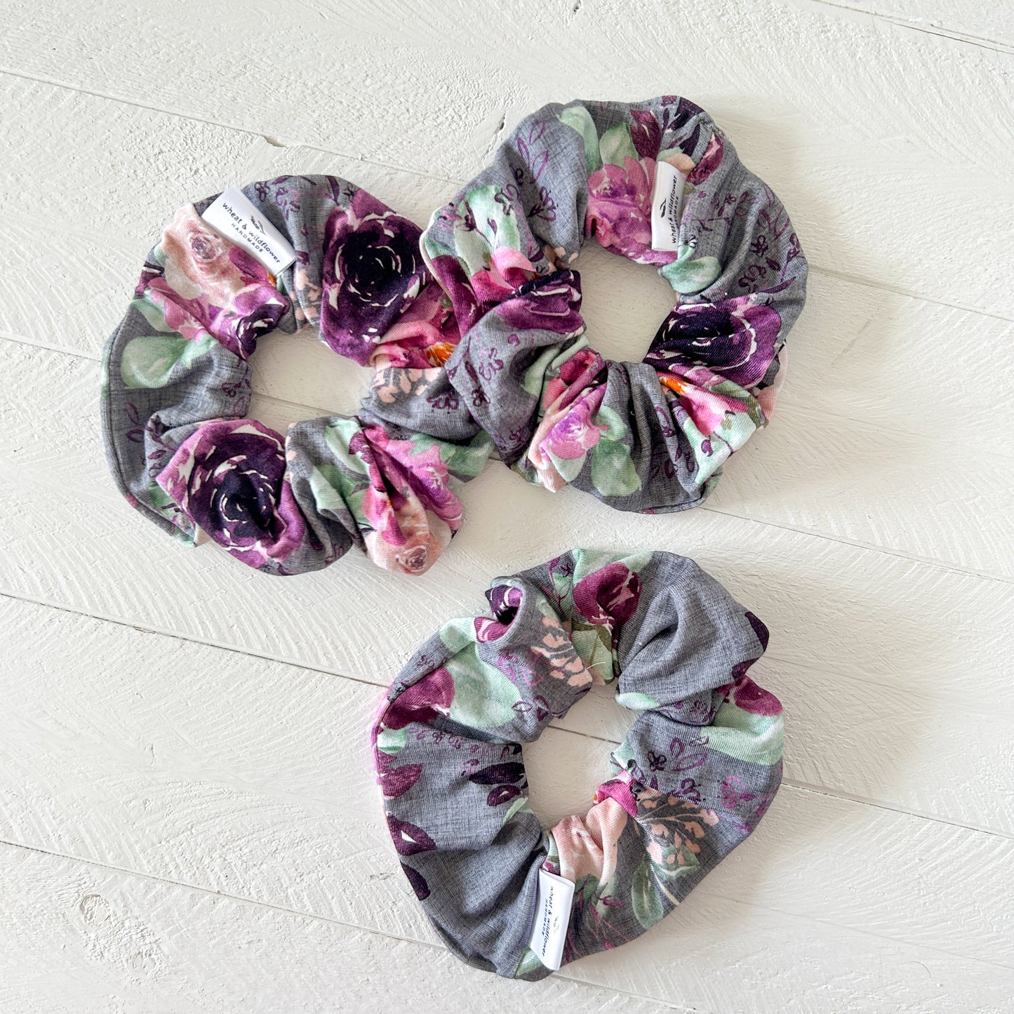 Luxe Scrunchies - Plum Floral on Grey