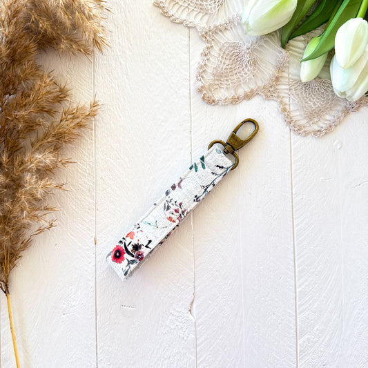 Canvas Wristlet Key Chain - Floral Chickens