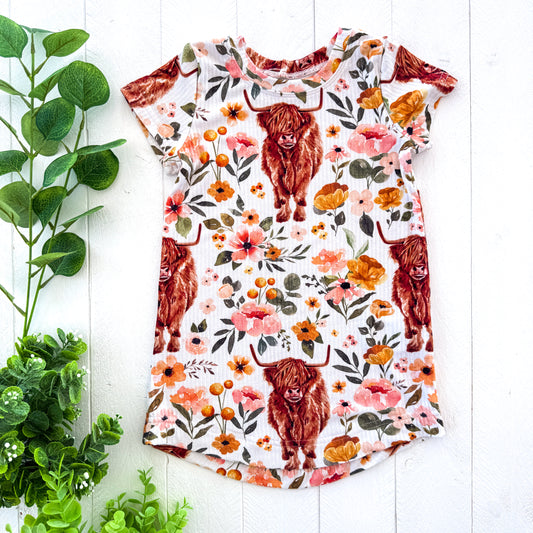 Chamomile Tee Dress - Floral Highland Cows OOAK