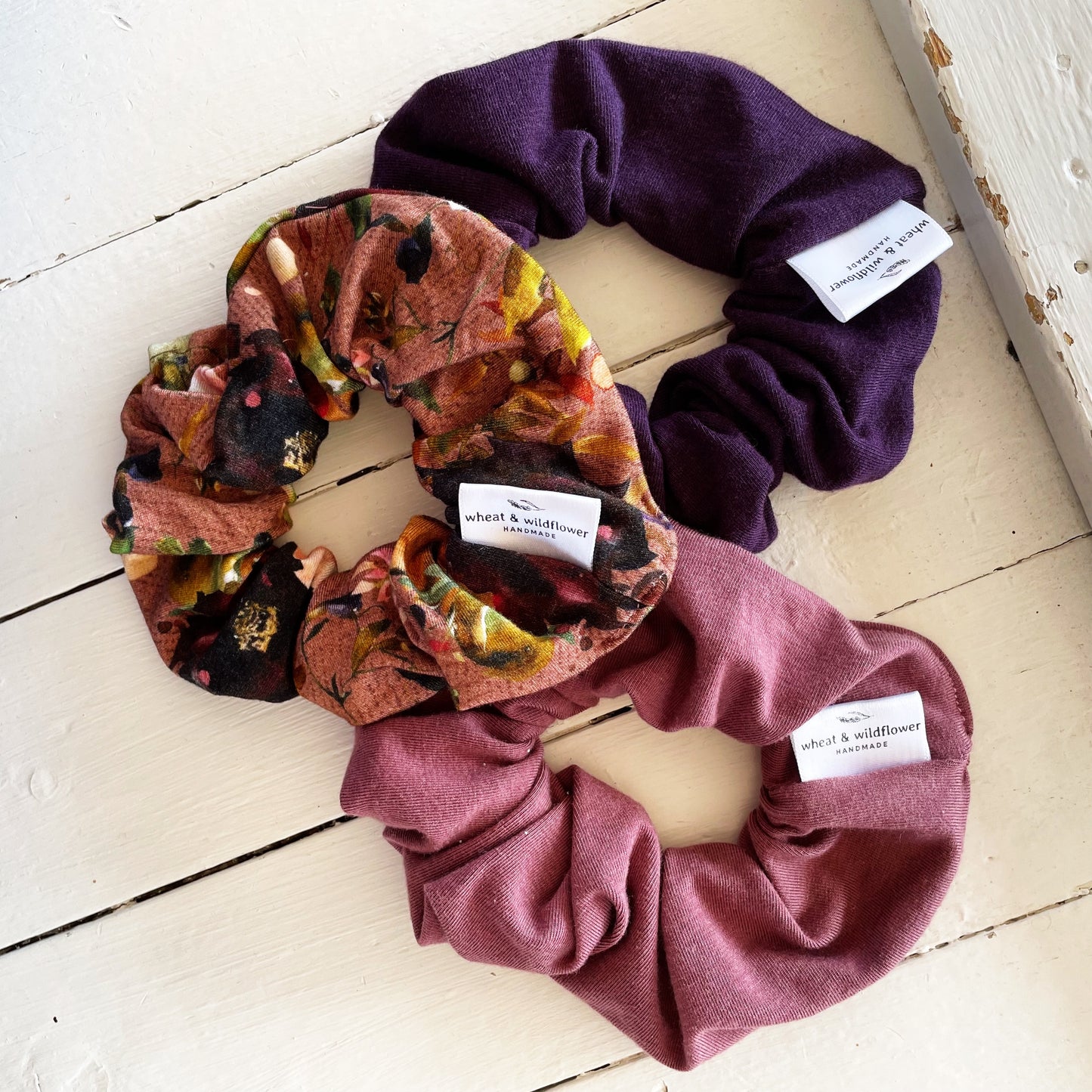 Luxe Scrunchies 3-pack - Spicy Plum Floral, Rose and Eggplant