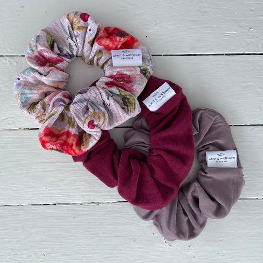 Luxe Scrunchies 3-pack - Folklore Floral, Lilac Slate, & Raspberry