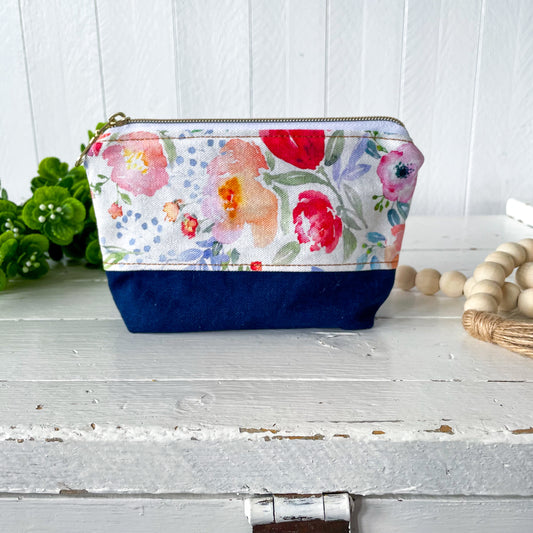 Faded Peony Floral with Navy Zipper Pouch